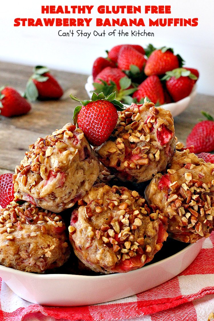 Healthy Gluten Free Strawberry Banana Muffins | Can't Stay Out of the Kitchen | We loved how these amazing #muffins turned out. They're filled with #bananas #strawberries & #pecans & made with #glutenfree flour & coconut sugar. Perfect for a #holiday #breakfast like #MothersDay or #FathersDay.