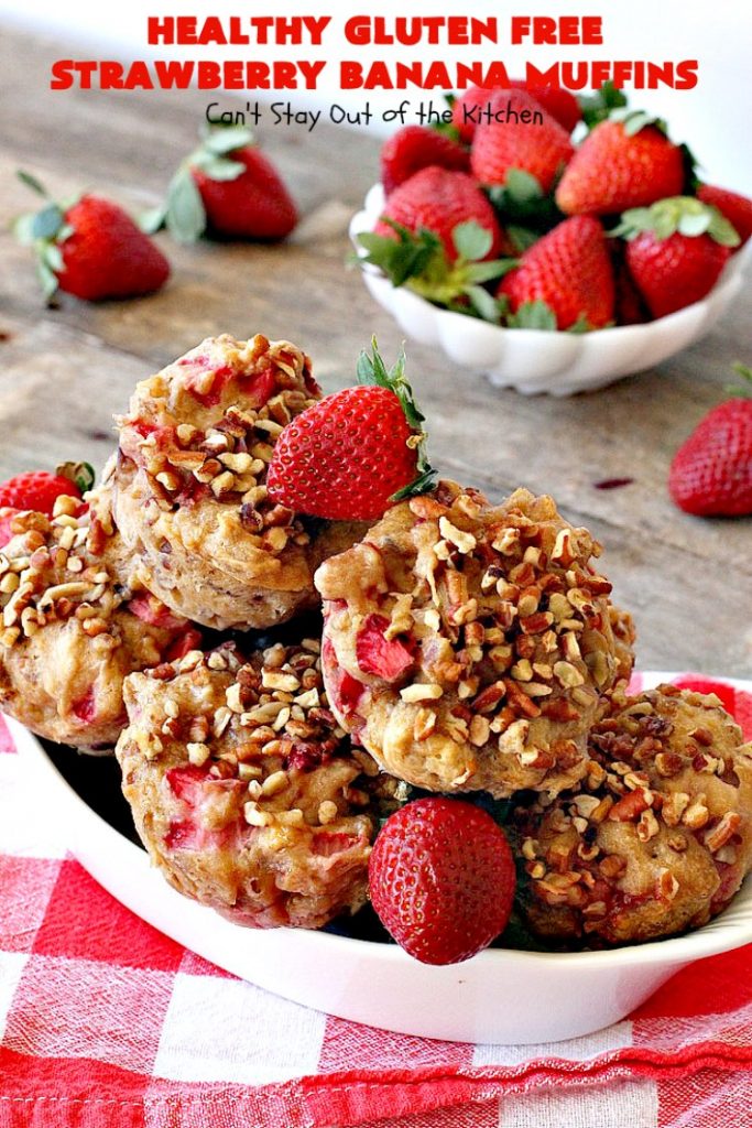Healthy Gluten Free Strawberry Banana Muffins | Can't Stay Out of the Kitchen | We loved how these amazing #muffins turned out. They're filled with #bananas #strawberries & #pecans & made with #glutenfree flour & coconut sugar. Perfect for a #holiday #breakfast like #MothersDay or #FathersDay.