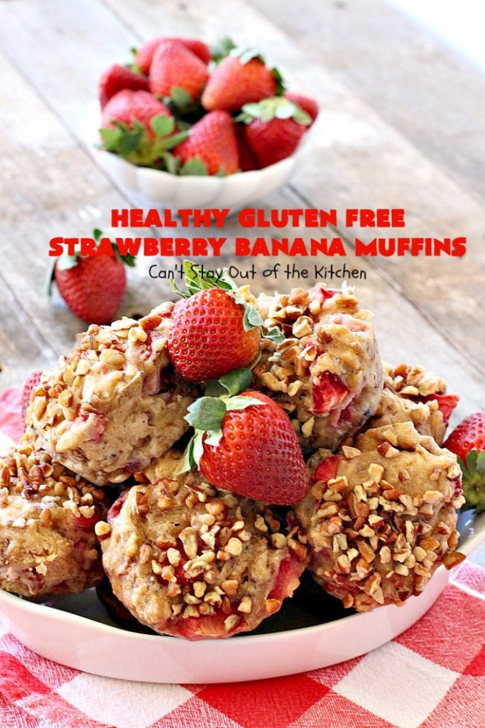 Healthy Gluten Free Strawberry Banana Muffins | Can't Stay Out of the Kitchen | We loved how these amazing #muffins turned out. They're filled with #bananas #strawberries & #pecans & made with #glutenfree flour & coconut sugar. Perfect for a #holiday #breakfast like #MothersDay or #FathersDay.