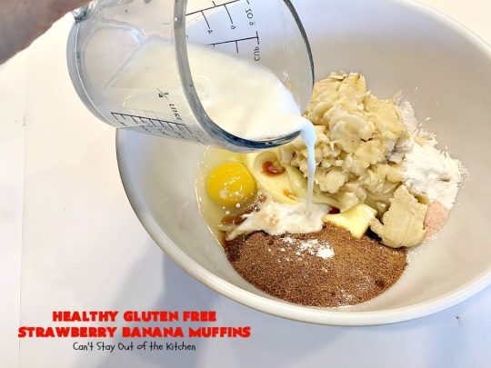Healthy Gluten Free Strawberry Banana Muffins | Can't Stay Out of the Kitchen | We loved how these amazing #muffins turned out. They're filled with #bananas #strawberries & #pecans & made with #glutenfree flour & coconut sugar. Perfect for a #holiday #breakfast like #MothersDay or #FathersDay.