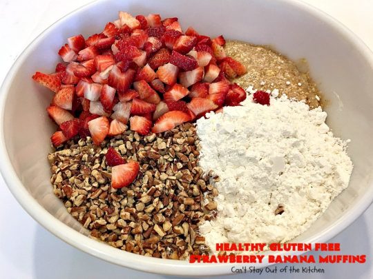 Healthy Gluten Free Strawberry Banana Muffins | Can't Stay Out of the Kitchen | We loved how these amazing #muffins turned out. They're filled with #bananas #strawberries & #pecans & made with #glutenfree flour & coconut sugar. Perfect for a #holiday #breakfast like #MothersDay or #FathersDay.