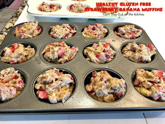 Healthy Gluten Free Strawberry Banana Muffins | Can't Stay Out of the Kitchen | We loved how these amazing #muffins turned out. They're filled with #bananas #strawberries & #pecans & made with #glutenfree flour & coconut sugar. Perfect for a #holiday #breakfast like #MothersDay or #FathersDay.