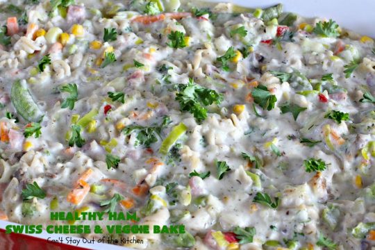 Healthy Ham, Swiss Cheese and Veggie Bake | Can't Stay Out of the Kitchen | this healthier version of #Ham and #Noodle #casserole uses a lot of fresh and frozen #veggies along with #GlutenFree #noodles and GF Flour in the sauce. If you're trying to eliminate canned soups from your diet, this one-dish meal is for you! It's also s a terrific way to use up leftover #holiday ham from #Thanksgiving or #Christmas. #pasta #SwissCheese #HamCasserole #HealthyHamSwissCheeseAndVeggieBake