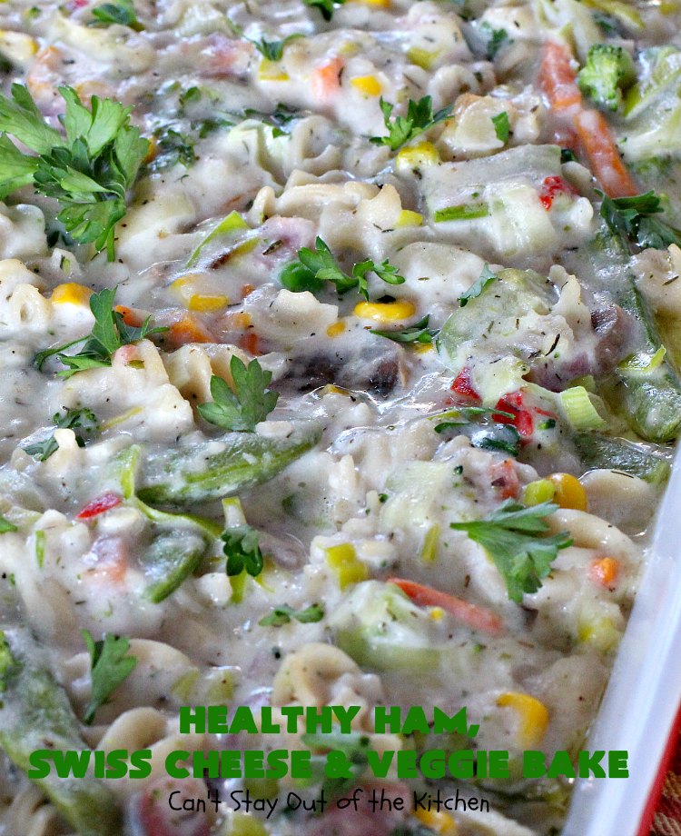 Healthy Ham, Swiss Cheese and Veggie Bake | Can't Stay Out of the Kitchen | this healthier version of #Ham and #Noodle #casserole uses a lot of fresh and frozen #veggies along with #GlutenFree #noodles and GF Flour in the sauce. If you're trying to eliminate canned soups from your diet, this one-dish meal is for you! It's also s a terrific way to use up leftover #holiday ham from #Thanksgiving or #Christmas. #pasta #SwissCheese #HamCasserole #HealthyHamSwissCheeseAndVeggieBake