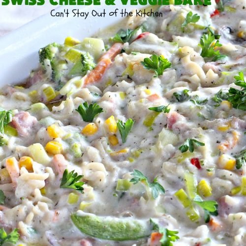 Healthy Ham, Swiss Cheese and Veggie Bake | Can't Stay Out of the Kitchen | this healthier version of #Ham and #Noodle #casserole uses a lot of fresh and frozen #veggies along with #GlutenFree #noodles and GF Flour in the sauce. If you're trying to eliminate canned soups from your diet, this one-dish meal is for you! It's also s a terrific way to use up leftover #holiday ham from #Thanksgiving or #Christmas. #pasta #SwissCheese #HamCasserole #HealthyHamSwissCheeseAndVeggieBake