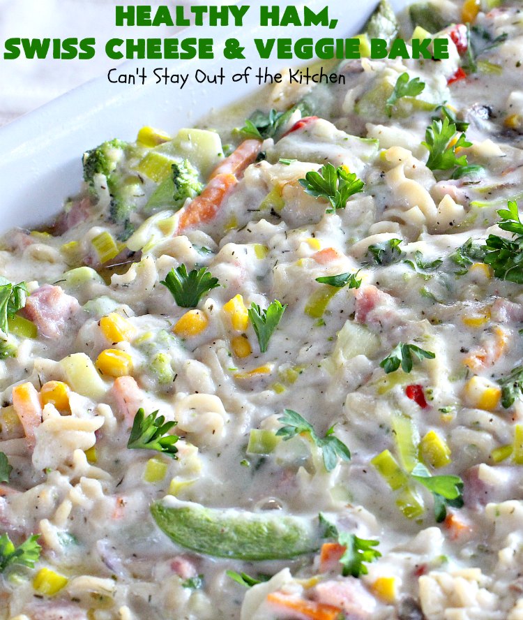 Healthy Ham, Swiss Cheese and Veggie Bake | Can't Stay Out of the Kitchen | this healthier version of #Ham and #Noodle #casserole uses a lot of fresh and frozen #veggies along with #GlutenFree #noodles and GF Flour in the sauce. If you're trying to eliminate canned soups from your diet, this one-dish meal is for you! It's also s a terrific way to use up leftover #holiday ham from #Thanksgiving or #Christmas. #pasta #SwissCheese #HamCasserole #HealthyHamSwissCheeseAndVeggieBake