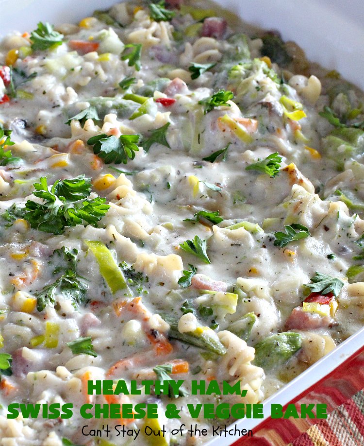 Healthy Ham, Swiss Cheese and Veggie Bake | Can't Stay Out of the Kitchen | this healthier version of #Ham and #Noodle #casserole uses a lot of fresh and frozen #veggies along with #GlutenFree #noodles and GF Flour in the sauce. If you're trying to eliminate canned soups from your diet, this one-dish meal is for you! It's also s a terrific way to use up leftover #holiday ham from #Thanksgiving or #Christmas. #pasta #SwissCheese #HamCasserole #HealthyHamSwissCheeseAndVeggieBake