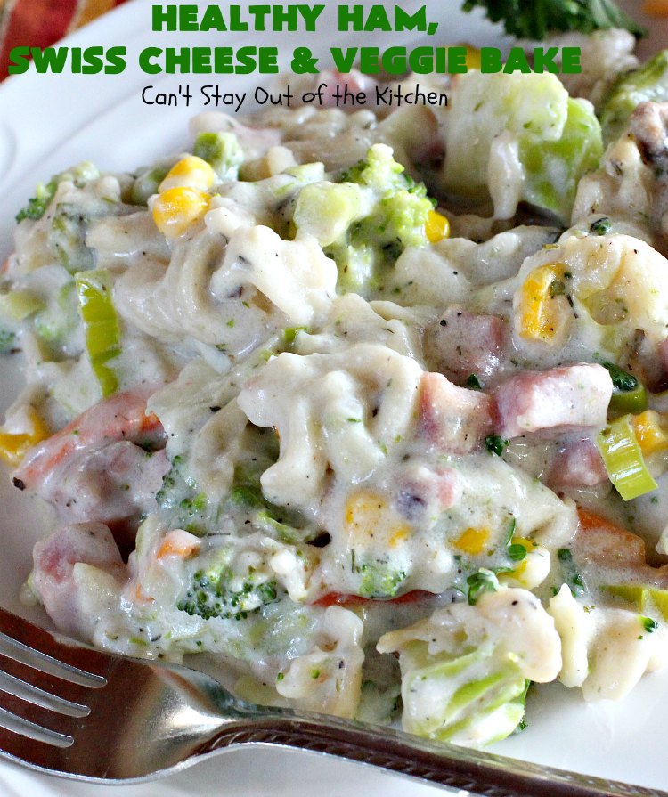 Healthy Ham, Swiss Cheese and Veggie Bake | Can't Stay Out of the Kitchen | this healthier version of #Ham and #Noodle #casserole uses a lot of fresh and frozen #veggies along with #GlutenFree #noodles and GF Flour in the sauce. If you're trying to eliminate canned soups from your diet, this one-dish meal is for you! It's also s a terrific way to use up leftover #holiday ham from #Thanksgiving or #Christmas. #pasta #SwissCheese #HamCasserole #HealthyHamSwissCheeseAndVeggieBake