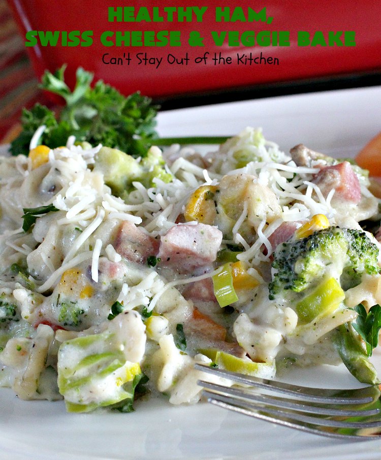 Healthy Ham, Swiss Cheese and Veggie Bake | Can't Stay Out of the Kitchen | this healthier version of #Ham and #Noodle #casserole uses a lot of fresh and frozen #veggies along with #GlutenFree #noodles and GF Flour in the sauce. If you're trying to eliminate canned soups from your diet, this one-dish meal is for you! It's also s a terrific way to use up leftover #holiday ham from #Thanksgiving or #Christmas. #pasta #SwissCheese #HamCasserole #HealthyHamSwissCheeseAndVeggieBake