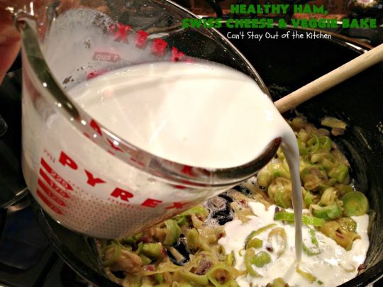 Healthy Ham, Swiss Cheese and Veggie Bake | Can't Stay Out of the Kitchen | this healthier version of #Ham and #Noodle #casserole uses a lot of fresh and frozen #veggies along with #GlutenFree #noodles and GF Flour in the sauce. If you're trying to eliminate canned soups from your diet, this one-dish meal is for you! It's also s a terrific way to use up leftover #holiday ham from #Thanksgiving or #Christmas. #pasta #SwissCheese #HamCasserole #HealthyHamSwissCheeseAndVeggieBake