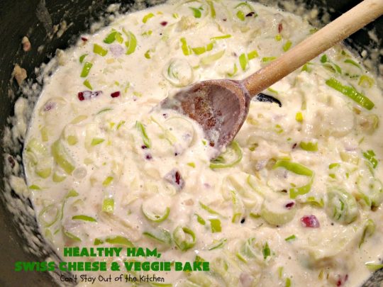 Healthy Ham, Swiss Cheese and Veggie Bake | Can't Stay Out of the Kitchen | this healthier version of #Ham and #Noodle #casserole uses a lot of fresh and frozen #veggies along with #GlutenFree #noodles and GF Flour in the sauce. If you're trying to eliminate canned soups from your diet, this one-dish meal is for you! It's also s a terrific way to use up leftover #holiday ham from #Thanksgiving or #Christmas. #pasta #SwissCheese #HamCasserole #HealthyHamSwissCheeseAndVeggieBake