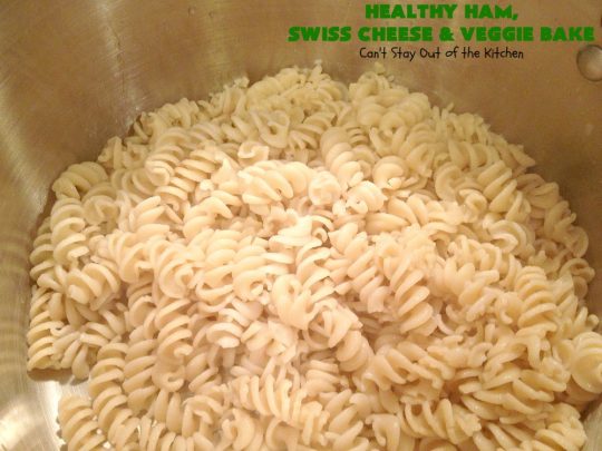Healthy Ham, Swiss Cheese and Veggie Bake | Can't Stay Out of the Kitchen | this healthier version of #Ham and #Noodle #casserole uses a lot of fresh and frozen #veggies along with #GlutenFree #noodles and GF Flour in the sauce. If you're trying to eliminate canned soups from your diet, this one-dish meal is for you! It's also s a terrific way to use up leftover #holiday ham from #Thanksgiving or #Christmas. #pasta #SwissCheese #HamCasserole #HealthyHamSwissCheeseAndVeggieBake