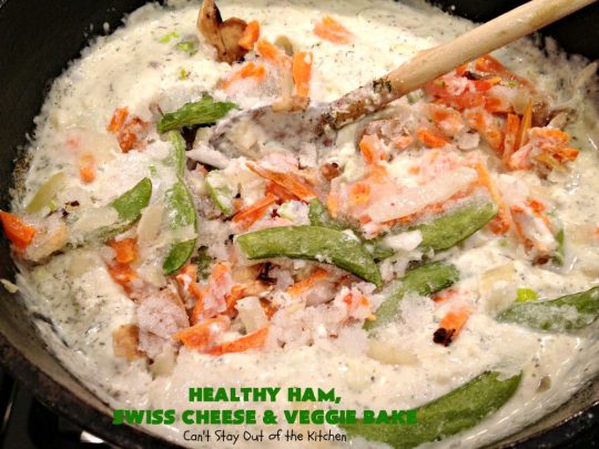 Healthy Ham, Swiss Cheese and Veggie Bake | Can't Stay Out of the Kitchen | this healthier version of #Ham and #Noodle #casserole uses a lot of fresh and frozen #veggies along with #GlutenFree #noodles and GF Flour in the sauce. If you're trying to eliminate canned soups from your diet, this one-dish meal is for you! It's also s a terrific way to use up leftover #holiday ham from #Thanksgiving or #Christmas. #pasta #SwissCheese #HamCasserole #HealthyHamSwissCheeseAndVeggieBake