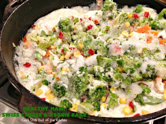 Healthy Ham, Swiss Cheese and Veggie Bake | Can't Stay Out of the Kitchen | this healthier version of #Ham and #Noodle #casserole uses a lot of fresh and frozen #veggies along with #GlutenFree #noodles and GF Flour in the sauce. If you're trying to eliminate canned soups from your diet, this one-dish meal is for you! It's also s a terrific way to use up leftover #holiday ham from #Thanksgiving or #Christmas. #pasta #SwissCheese #HamCasserole #HealthyHamSwissCheeseAndVeggieBake