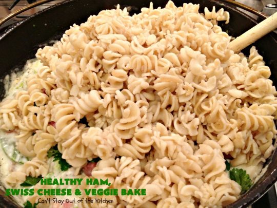 Healthy Ham, Swiss Cheese and Veggie Bake | Can't Stay Out of the Kitchen | this healthier version of #Ham and #Noodle #casserole uses a lot of fresh and frozen #veggies along with #GlutenFree #noodles and GF Flour in the sauce. If you're trying to eliminate canned soups from your diet, this one-dish meal is for you! It's also s a terrific way to use up leftover #holiday ham from #Thanksgiving or #Christmas. #pasta #SwissCheese #HamCasserole #HealthyHamSwissCheeseAndVeggieBake