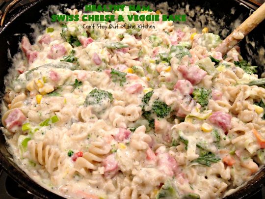 Healthy Ham, Swiss Cheese and Veggie Bake | Can't Stay Out of the Kitchen | this healthier version of #Ham and #Noodle #casserole uses a lot of fresh and frozen #veggies along with #GlutenFree #noodles and GF Flour in the sauce. If you're trying to eliminate canned soups from your diet, this one-dish meal is for you! It's also s a terrific way to use up leftover #holiday ham from #Thanksgiving or #Christmas. #pasta #SwissCheese #HamCasserole #HealthyHamSwissCheeseAndVeggieBake