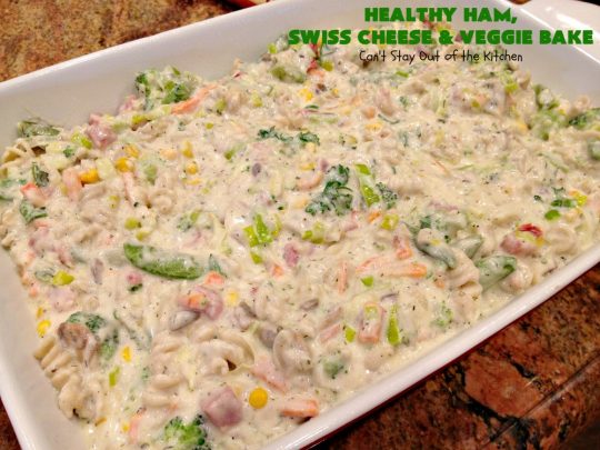 Healthy Ham, Swiss Cheese and Veggie Bake | Can't Stay Out of the Kitchen | this healthier version of #Ham and #Noodle #casserole uses a lot of fresh and frozen #veggies along with #GlutenFree #noodles and GF Flour in the sauce. If you're trying to eliminate canned soups from your diet, this one-dish meal is for you! It's also s a terrific way to use up leftover #holiday ham from #Thanksgiving or #Christmas. #pasta #SwissCheese #HamCasserole #HealthyHamSwissCheeseAndVeggieBake