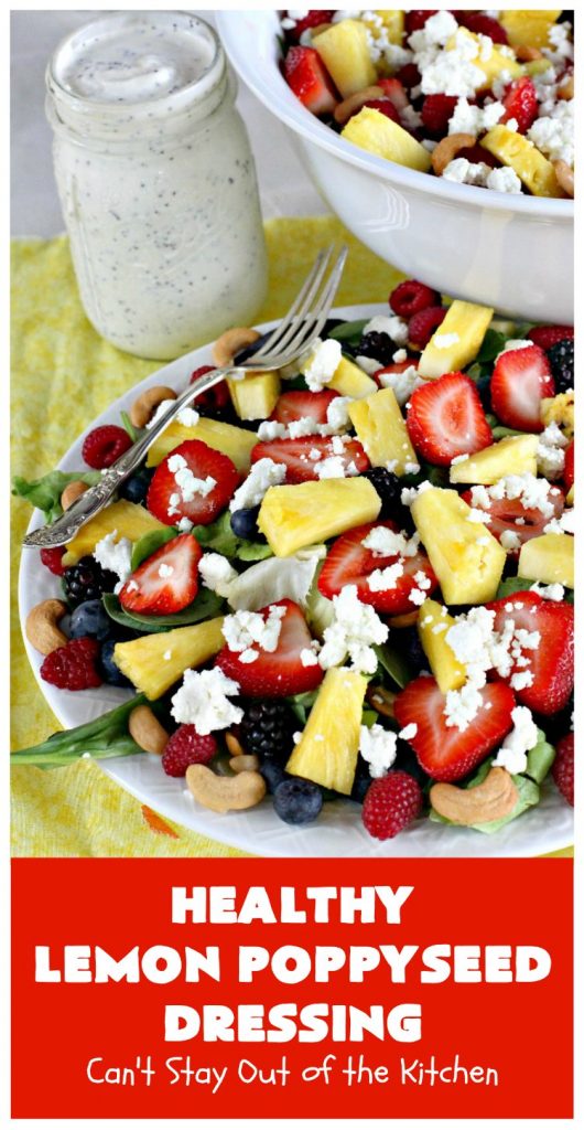 Healthy Lemon Poppyseed Dressing | Can't Stay Out of the Kitchen | this fantastic #SaladDressing just pops with #lemon flavor. Terrific for any kind of #salad #recipe. Made healthier with #GreekYogurt & #honey. #GlutenFree #Poppyseeds #HealthyLemonPoppyseedDressing