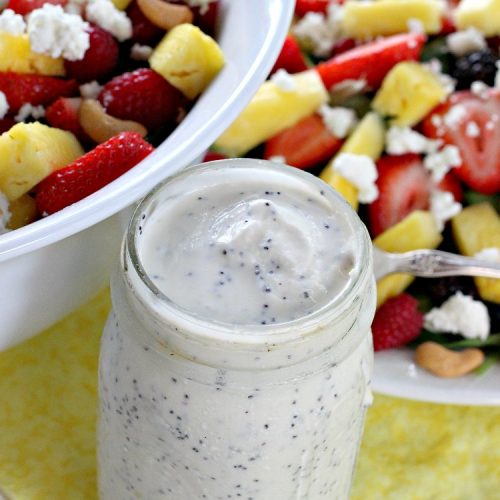 Healthy Lemon Poppyseed Dressing | Can't Stay Out of the Kitchen | this fantastic #SaladDressing just pops with #lemon flavor. Terrific for any kind of #salad #recipe. Made healthier with #GreekYogurt & #honey. #GlutenFree #Poppyseeds #HealthyLemonPoppyseedDressing