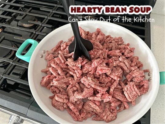 Hearty Bean Soup | Can't Stay Out of the Kitchen | This scrumptious #soup is chocked full of 8 different kinds of #beans. It's hearty & delicious & makes enough to serve a crowd. Great for #tailgating parties. #HeartyBeanSoup