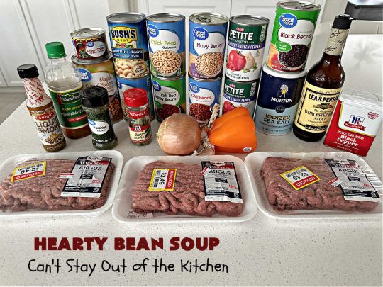 Hearty Bean Soup | Can't Stay Out of the Kitchen | This scrumptious #soup is chocked full of 8 different kinds of #beans. It's hearty & delicious & makes enough to serve a crowd. Great for #tailgating parties. #HeartyBeanSoup