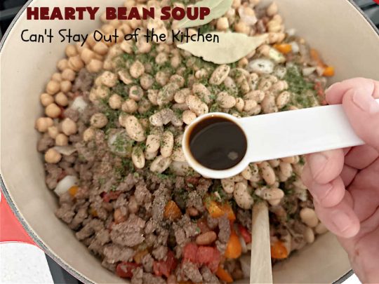 Hearty Bean Soup | Can't Stay Out of the Kitchen | This scrumptious #soup is chocked full of 8 different kinds of #beans. It's hearty & delicious & makes enough to serve a crowd. Great for #tailgating parties. #HeartyBeanSoup