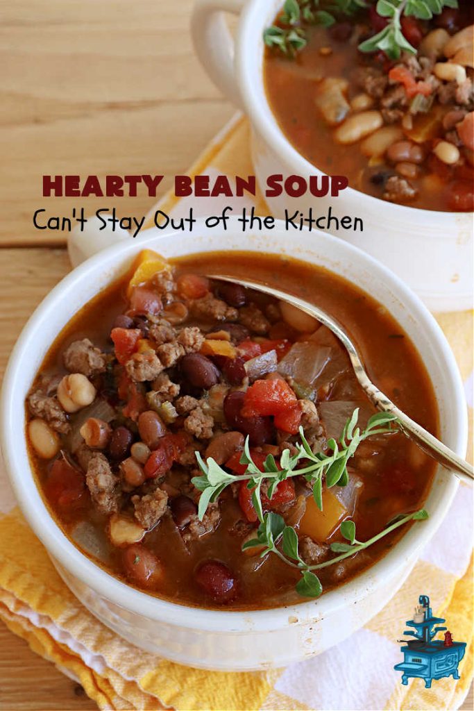 Hearty Bean Soup | Can't Stay Out of the Kitchen | This scrumptious #soup is chocked full of 8 different kinds of #beans. It's hearty & delicious & makes enough to serve a crowd. Great for #tailgating parties. #HeartyBeanSoup Hearty Bean Soup | Can't Stay Out of the Kitchen | This scrumptious #soup is chocked full of 8 different kinds of #beans. It's hearty & delicious & makes enough to serve a crowd. Great for #tailgating parties. #HeartyBeanSoup