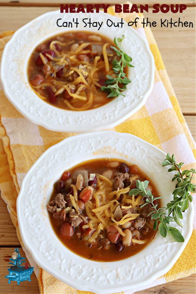 Hearty Bean Soup | Can't Stay Out of the Kitchen | This scrumptious #soup is chocked full of 8 different kinds of #beans. It's hearty & delicious & makes enough to serve a crowd. Great for #tailgating parties. #HeartyBeanSoup
