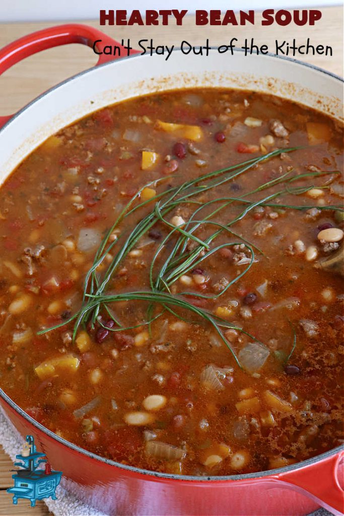 Hearty Bean Soup | Can't Stay Out of the Kitchen | This scrumptious #soup is chocked full of 8 different kinds of #beans. It's hearty & delicious & makes enough to serve a crowd. Great for #tailgating parties. #HeartyBeanSoup