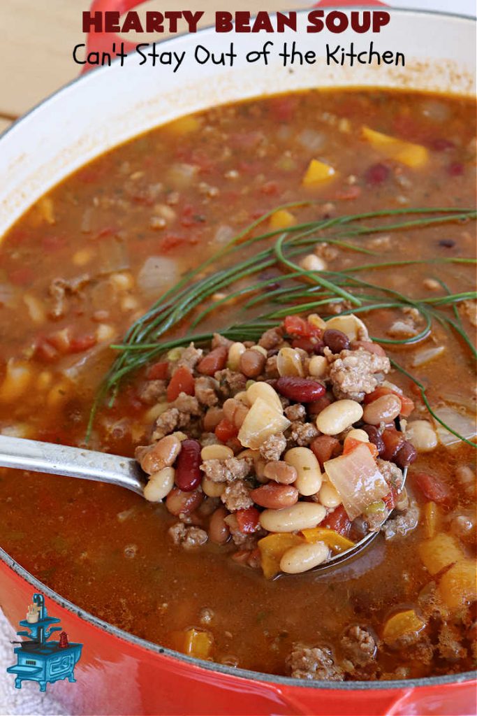 Hearty Bean Soup | Can't Stay Out of the Kitchen | This scrumptious #soup is chocked full of 8 different kinds of #beans. It's hearty & delicious & makes enough to serve a crowd. Great for #tailgating parties. #HeartyBeanSoup