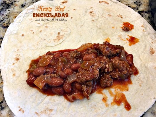 Hearty Beef Enchiladas | Can't Stay Out of the Kitchen | quick & easy #beef and bean #enchiladas with #salsa and enchilada sauce. #TexMex