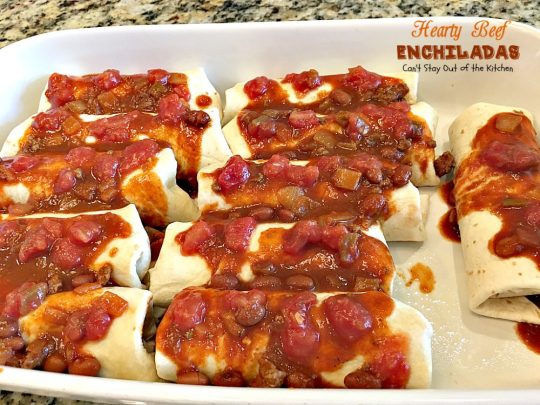 Hearty Beef Enchiladas | Can't Stay Out of the Kitchen | quick & easy #beef and bean #enchiladas with #salsa and enchilada sauce. #TexMex