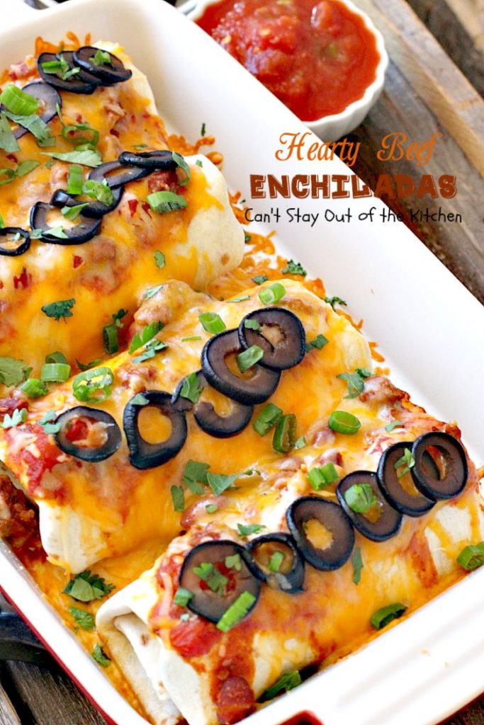 Hearty Beef Enchiladas | Can't Stay Out of the Kitchen | quick & easy #beef and bean #enchiladas with #salsa and enchilada sauce. #TexMex