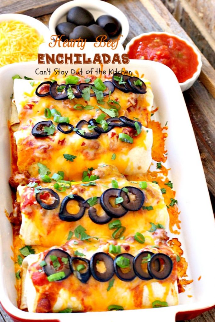 Hearty Beef Enchiladas | Can't Stay Out of the Kitchen | quick & easy #beef and bean #enchiladas with #salsa and enchilada sauce. #TexMex