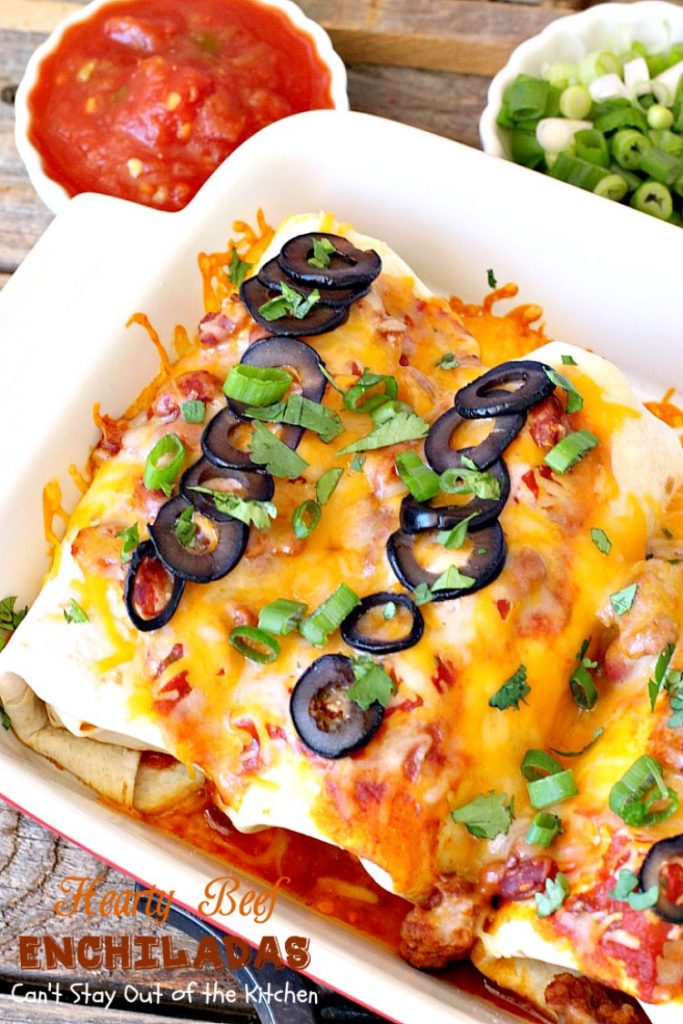 Hearty Beef Enchiladas | Can't Stay Out of the Kitchen | quick & easy #beef and bean #enchiladas with #salsa and enchilada sauce. #TexMex