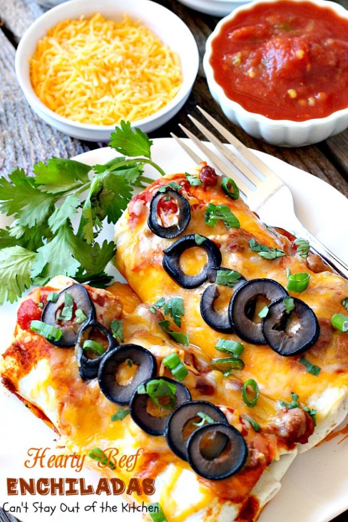 Hearty Beef Enchiladas | Can't Stay Out of the Kitchen | quick & easy #beef and bean #enchiladas with #salsa and enchilada sauce. #TexMex
