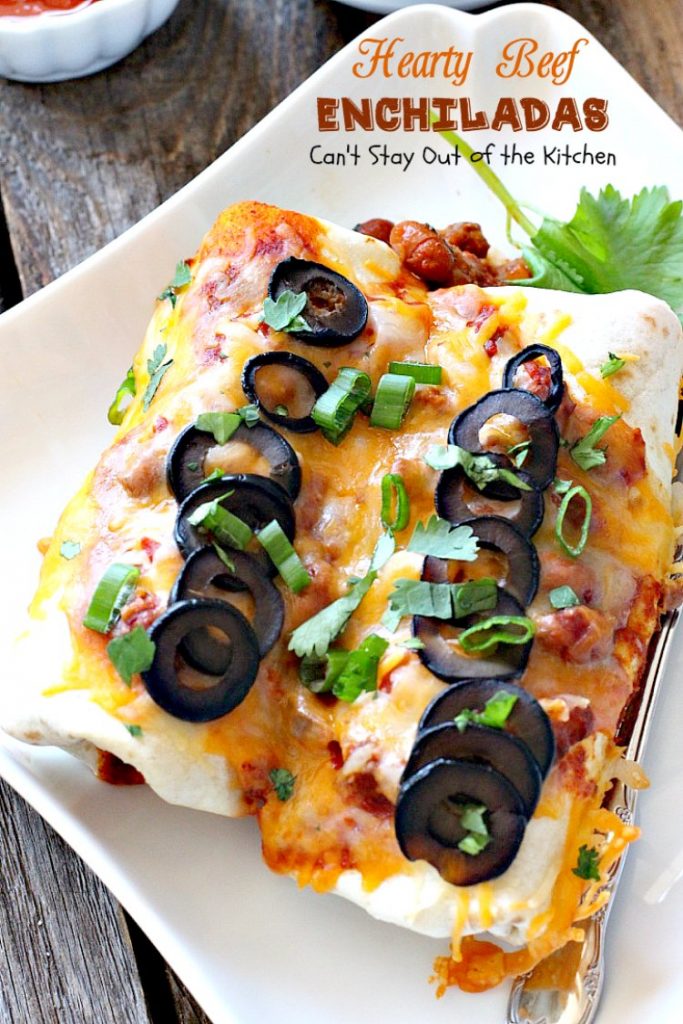 Hearty Beef Enchiladas | Can't Stay Out of the Kitchen | quick & easy #beef and bean #enchiladas with #salsa and enchilada sauce. #TexMex