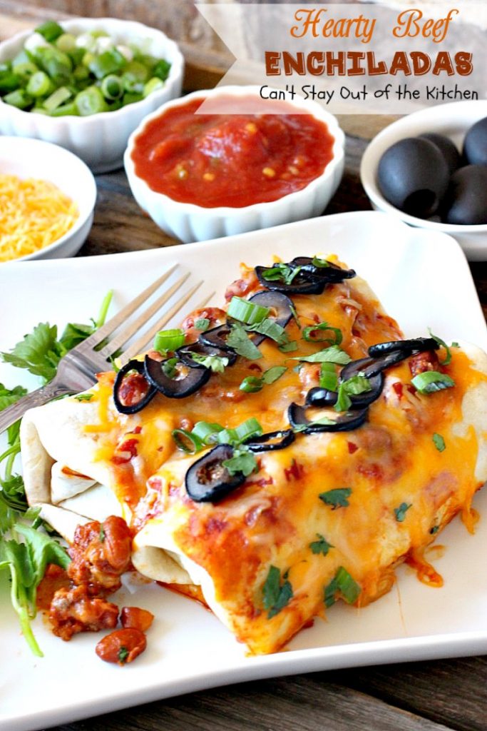 Hearty Beef Enchiladas | Can't Stay Out of the Kitchen | quick & easy #beef and bean #enchiladas with #salsa and enchilada sauce. #TexMex