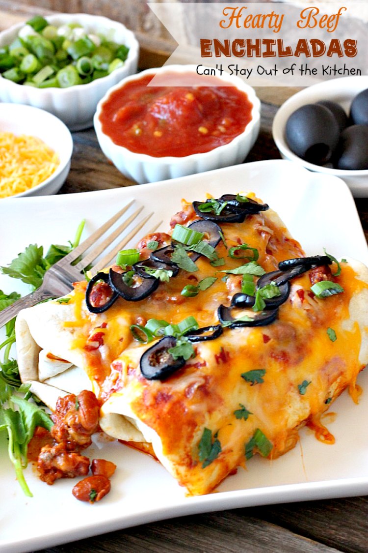 Hearty Beef Enchiladas | Can't Stay Out of the Kitchen | quick & easy #beef and bean #enchiladas with #salsa and enchilada sauce. #TexMex