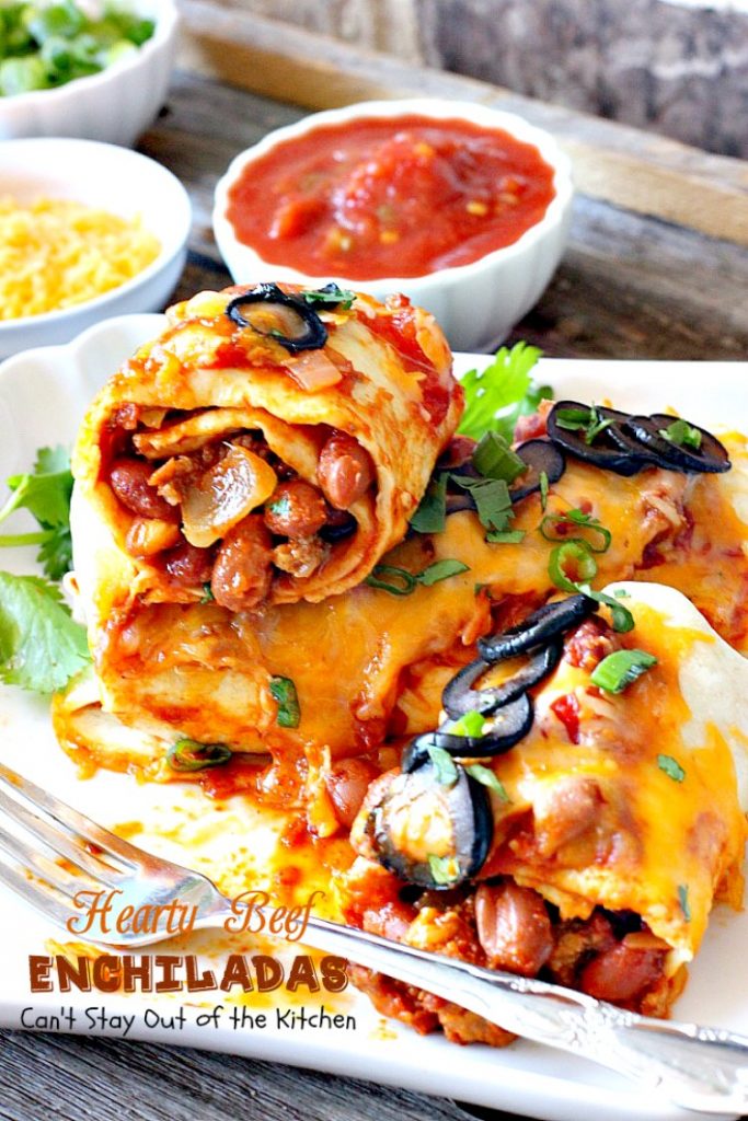 Hearty Beef Enchiladas | Can't Stay Out of the Kitchen | quick & easy #beef and bean #enchiladas with #salsa and enchilada sauce. #TexMex