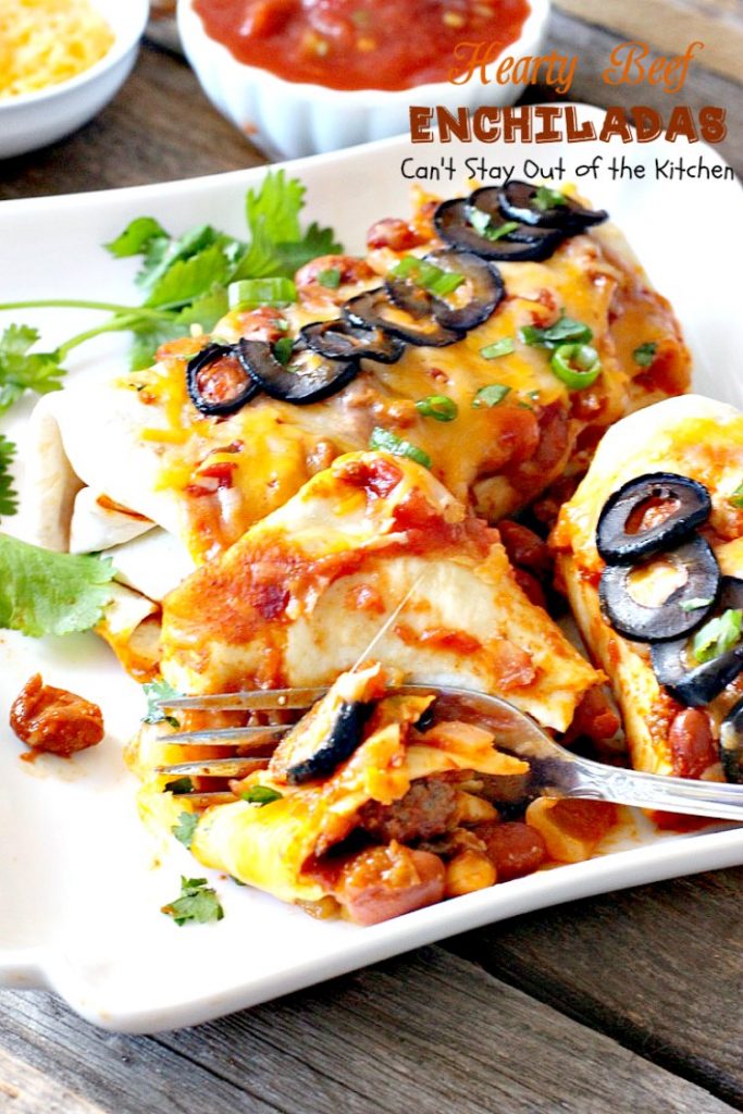 Hearty Beef Enchiladas | Can't Stay Out of the Kitchen | quick & easy #beef and bean #enchiladas with #salsa and enchilada sauce. #TexMex