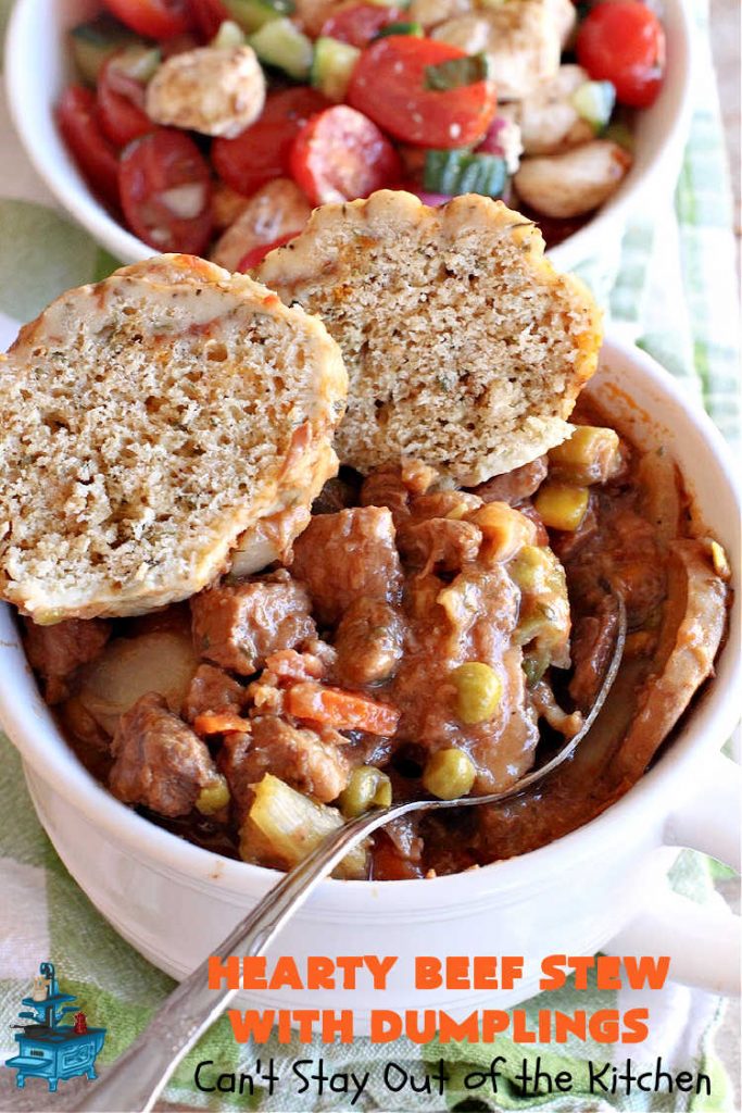 Hearty Beef Stew with Dumplings | Can't Stay Out of the Kitchen | this fantastic #BeefStew is made in the #crockpot and is a full one-dish meal. This hearty #recipe is so filling and satisfying that your family will request it often. It's a great comfort food meal for family or company. #peas #corn #GreenBeans #carrots #potatoes #StewedTomatoes #mushrooms #dumplings #SlowCooker #beef #HeartyBeefStewWithDumplings