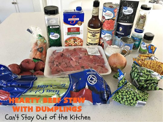 Hearty Beef Stew with Dumplings | Can't Stay Out of the Kitchen | this fantastic #BeefStew is made in the #crockpot and is a full one-dish meal. This hearty #recipe is so filling and satisfying that your family will request it often. It's a great comfort food meal for family or company. #peas #corn #GreenBeans #carrots #potatoes #StewedTomatoes #mushrooms #dumplings #SlowCooker #beef #HeartyBeefStewWithDumplings