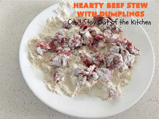 Hearty Beef Stew with Dumplings | Can't Stay Out of the Kitchen | this fantastic #BeefStew is made in the #crockpot and is a full one-dish meal. This hearty #recipe is so filling and satisfying that your family will request it often. It's a great comfort food meal for family or company. #peas #corn #GreenBeans #carrots #potatoes #StewedTomatoes #mushrooms #dumplings #SlowCooker #beef #HeartyBeefStewWithDumplings