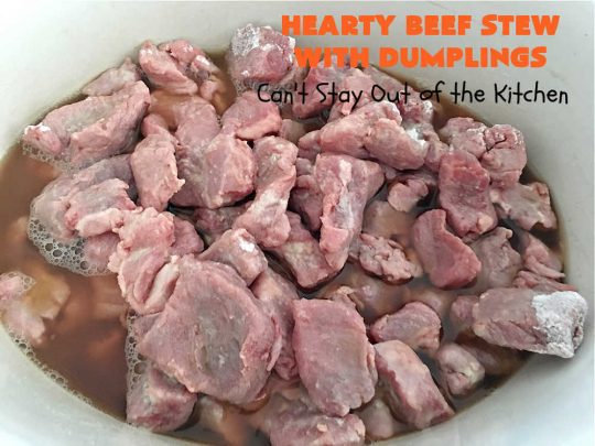 Hearty Beef Stew with Dumplings | Can't Stay Out of the Kitchen | this fantastic #BeefStew is made in the #crockpot and is a full one-dish meal. This hearty #recipe is so filling and satisfying that your family will request it often. It's a great comfort food meal for family or company. #peas #corn #GreenBeans #carrots #potatoes #StewedTomatoes #mushrooms #dumplings #SlowCooker #beef #HeartyBeefStewWithDumplings