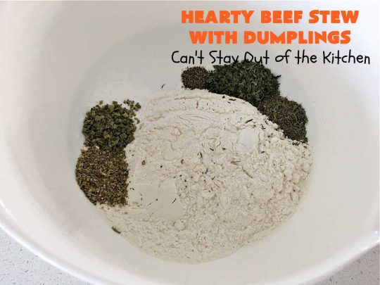 Hearty Beef Stew with Dumplings | Can't Stay Out of the Kitchen | this fantastic #BeefStew is made in the #crockpot and is a full one-dish meal. This hearty #recipe is so filling and satisfying that your family will request it often. It's a great comfort food meal for family or company. #peas #corn #GreenBeans #carrots #potatoes #StewedTomatoes #mushrooms #dumplings #SlowCooker #beef #HeartyBeefStewWithDumplings
