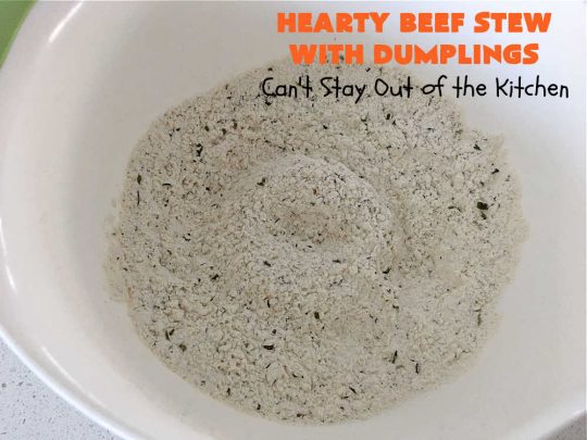 Hearty Beef Stew with Dumplings | Can't Stay Out of the Kitchen | this fantastic #BeefStew is made in the #crockpot and is a full one-dish meal. This hearty #recipe is so filling and satisfying that your family will request it often. It's a great comfort food meal for family or company. #peas #corn #GreenBeans #carrots #potatoes #StewedTomatoes #mushrooms #dumplings #SlowCooker #beef #HeartyBeefStewWithDumplings