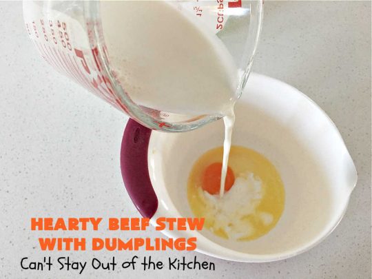 Hearty Beef Stew with Dumplings | Can't Stay Out of the Kitchen | this fantastic #BeefStew is made in the #crockpot and is a full one-dish meal. This hearty #recipe is so filling and satisfying that your family will request it often. It's a great comfort food meal for family or company. #peas #corn #GreenBeans #carrots #potatoes #StewedTomatoes #mushrooms #dumplings #SlowCooker #beef #HeartyBeefStewWithDumplings