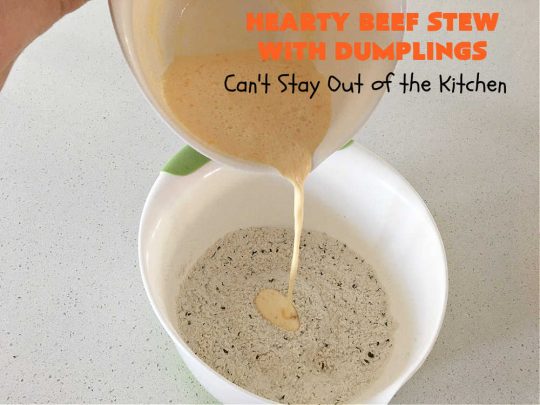Hearty Beef Stew with Dumplings | Can't Stay Out of the Kitchen | this fantastic #BeefStew is made in the #crockpot and is a full one-dish meal. This hearty #recipe is so filling and satisfying that your family will request it often. It's a great comfort food meal for family or company. #peas #corn #GreenBeans #carrots #potatoes #StewedTomatoes #mushrooms #dumplings #SlowCooker #beef #HeartyBeefStewWithDumplings