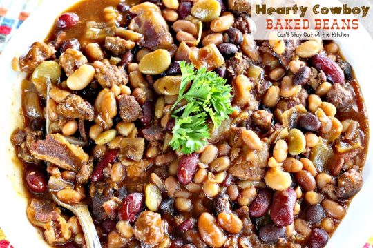 Hearty Cowboy Baked Beans | Can't Stay Out of the Kitchen | the most spectacular #bakedbeans #sidedish you'll ever eat! This one's filled with #groundbeef #bacon and 6 kinds of #beans! 